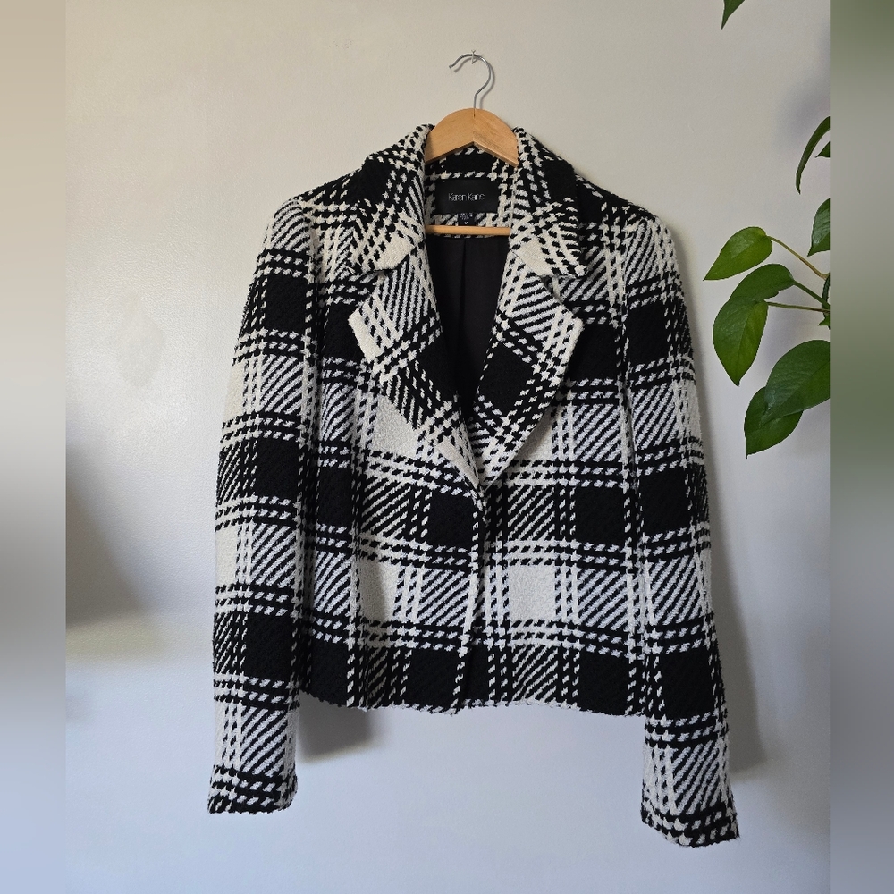 New Karen Kane Sz. M Red Ahead Black And White Plaid Tweed Blazer Jacket